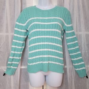 Lauren Ralph Lauren Striped Cable Knit Sweater S Cotton Teal White Coastal